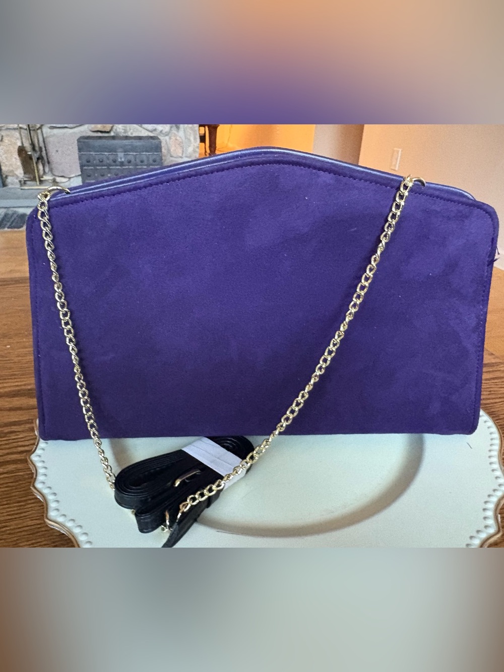 Vintage Purple Suede Clutch Leather Trim with Gold Comfort Chain